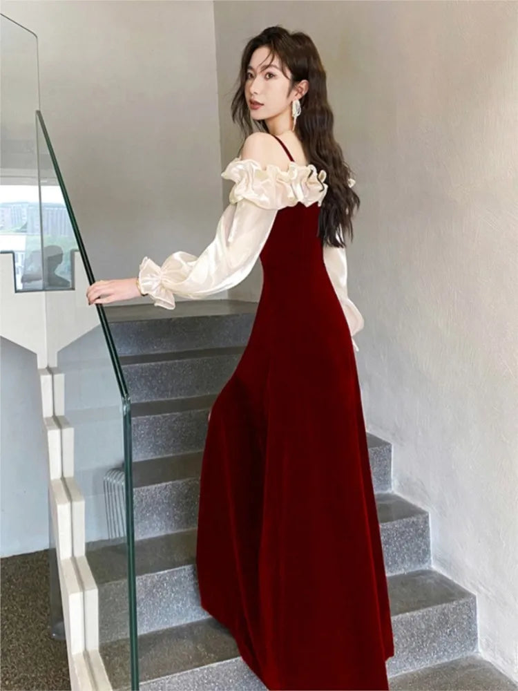 Women's Elegant Red Ruffles Slash Neck Evening Party Dress Puff Sleeve Off Shoulder Split Wedding Prom Robe Female Vestidos