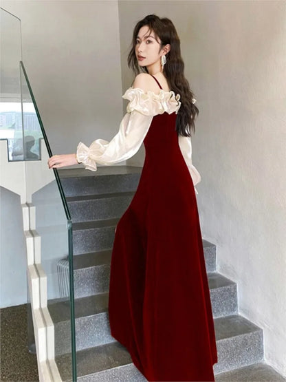 Women's Elegant Red Ruffles Slash Neck Evening Party Dress Puff Sleeve Off Shoulder Split Wedding Prom Robe Female Vestidos