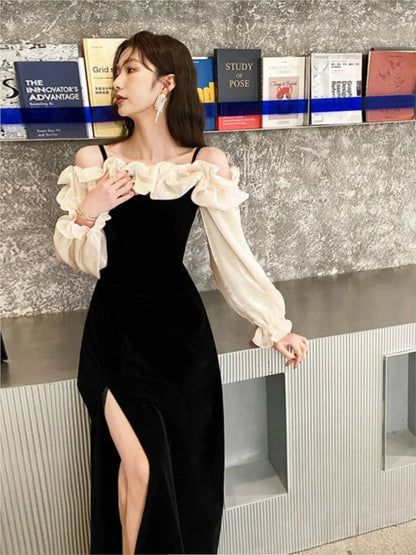 Women's Elegant Red Ruffles Slash Neck Evening Party Dress Puff Sleeve Off Shoulder Split Wedding Prom Robe Female Vestidos