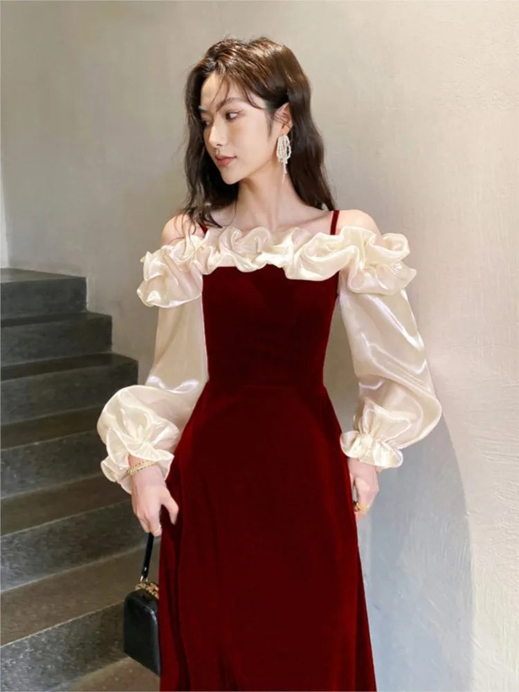 Women's Elegant Red Ruffles Slash Neck Evening Party Dress Puff Sleeve Off Shoulder Split Wedding Prom Robe Female Vestidos