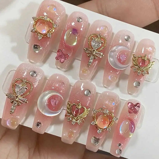 Luxury Pink Long Coffin Fake Nails