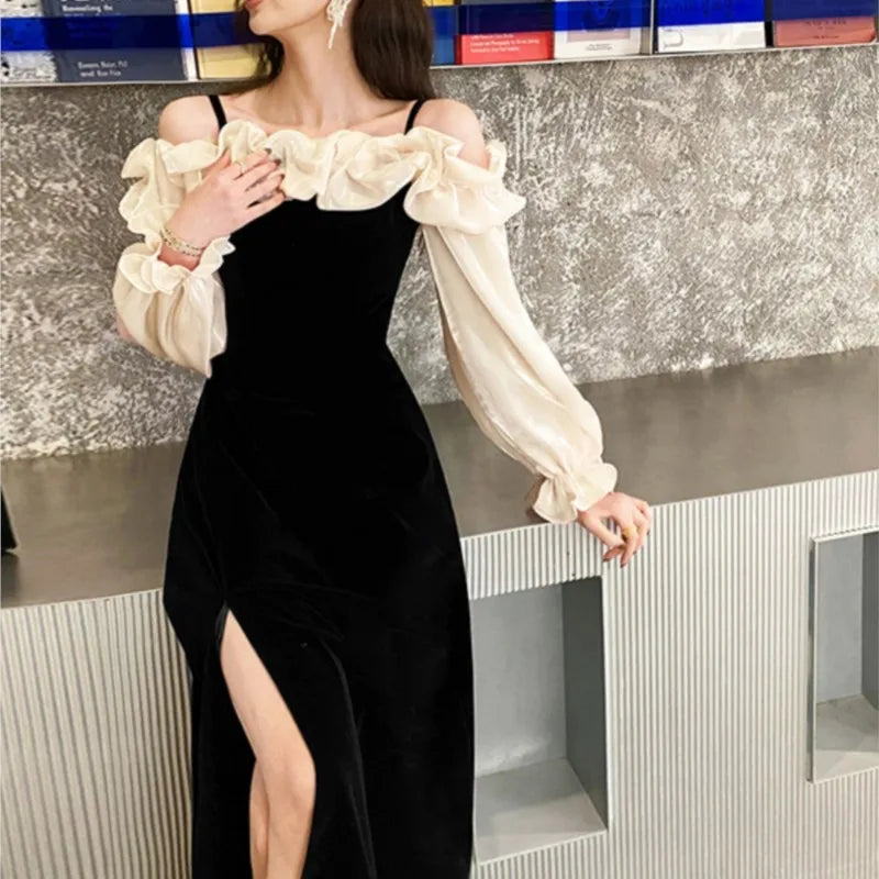 Women's Elegant Red Ruffles Slash Neck Evening Party Dress Puff Sleeve Off Shoulder Split Wedding Prom Robe Female Vestidos