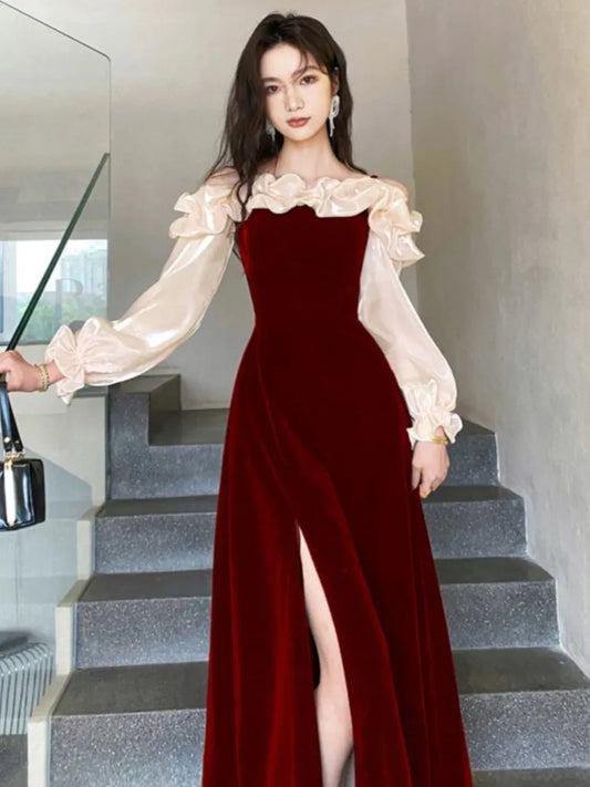 Women's Elegant Red Ruffles Slash Neck Evening Party Dress Puff Sleeve Off Shoulder Split Wedding Prom Robe Female Vestidos