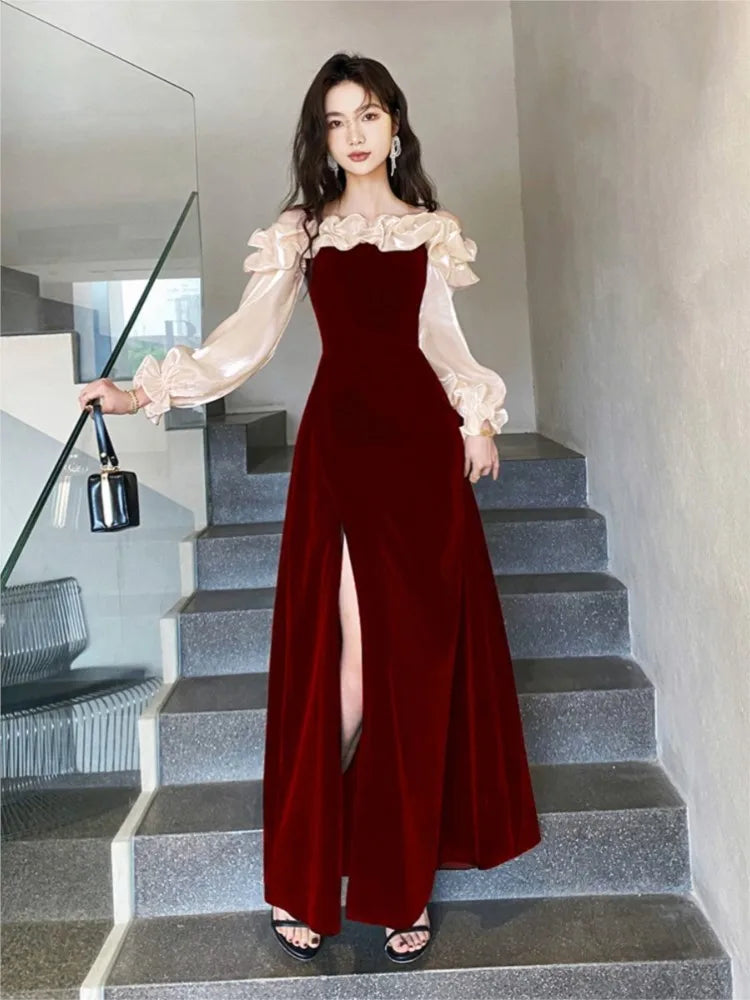 Women's Elegant Red Ruffles Slash Neck Evening Party Dress Puff Sleeve Off Shoulder Split Wedding Prom Robe Female Vestidos