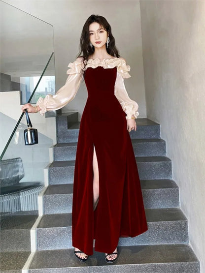 Women's Elegant Red Ruffles Slash Neck Evening Party Dress Puff Sleeve Off Shoulder Split Wedding Prom Robe Female Vestidos